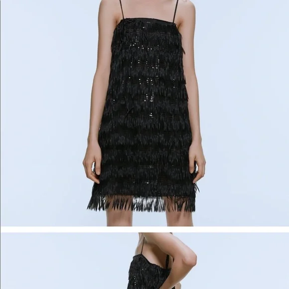 NWT ZARA Black SEQUINNED FRINGED DRESS Mini Adjustable Straps Size M 2853 - Picture 3 of 5